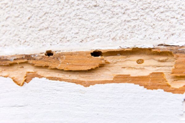 Close-up of damaged wall wood showing peeling paint, rough edges, two holes, textured white plaster above, and smooth paint below.