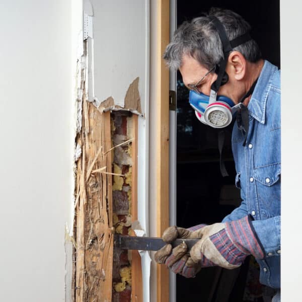 A person in gloves, denim shirt, protective eyewear, and face mask uses a tool to remove damaged wood from a door frame, exposing insulation.