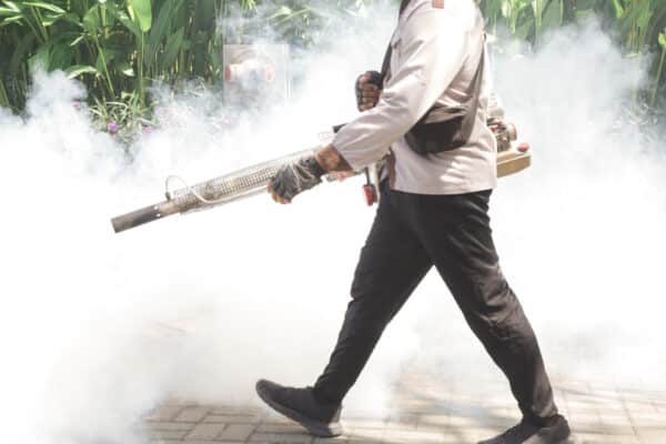 A uniformed person with gloves walks on a paved path, carrying a fogging machine releasing thick white smoke amid green plants.