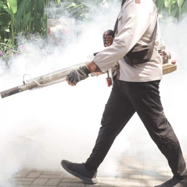 A uniformed person with gloves walks on a paved path, carrying a fogging machine releasing thick white smoke amid green plants.