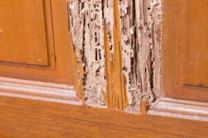 The wood door with termites damage