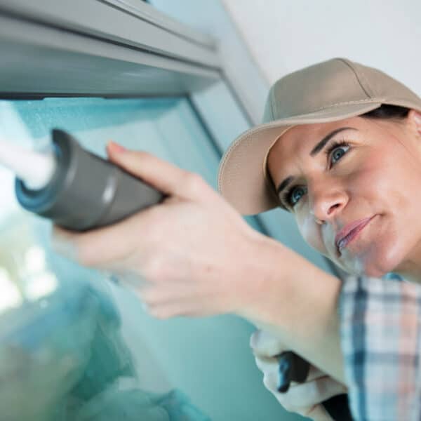 A person in a beige cap and plaid shirt carefully applies caulk along a window edge with a caulking gun, focused on the work.