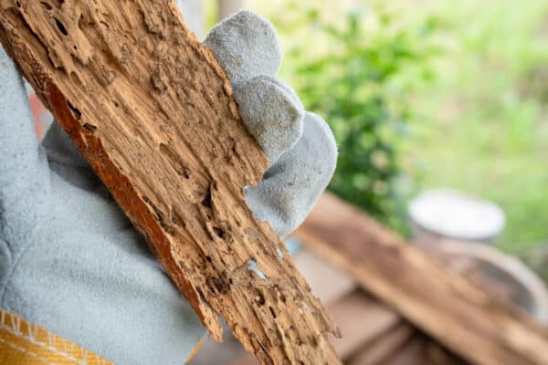A gloved hand holds termite-damaged wood with holes and crumbling tunnels, set against a blurred green outdoor background.
