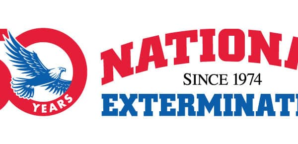 Logo featuring a large red 50 Years with a blue eagle, next to the words NATIONAL EXTERMINATING in red and blue, and Since 1974 in black text.