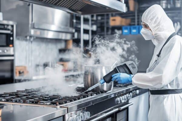 A person in protective gear uses a steam cleaner to sanitize a commercial kitchen stovetop, with visible steam rising around them.