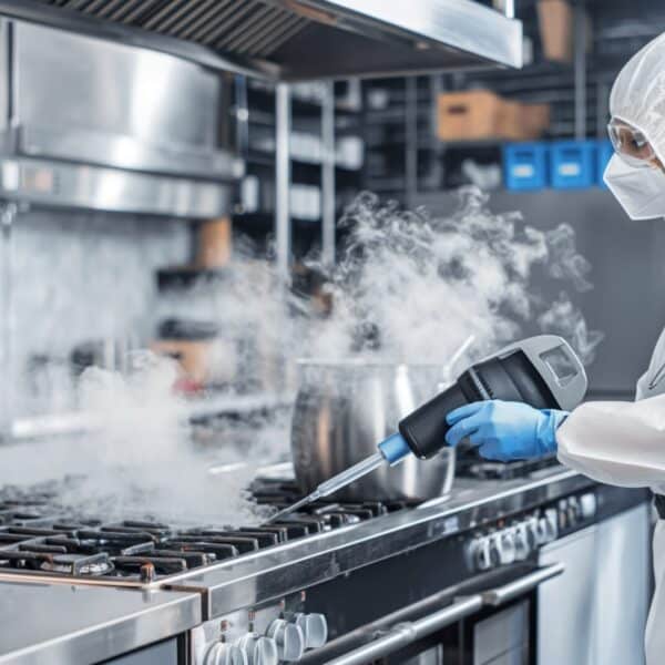 A person in protective gear uses a steam cleaner to sanitize a commercial kitchen stovetop, with visible steam rising around them.