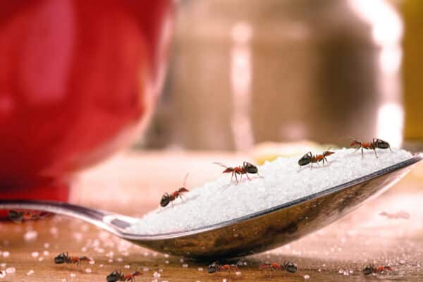 Several ants crawl on a spoonful of sugar, with more ants and a red container in the background, indicating an ant invasion.