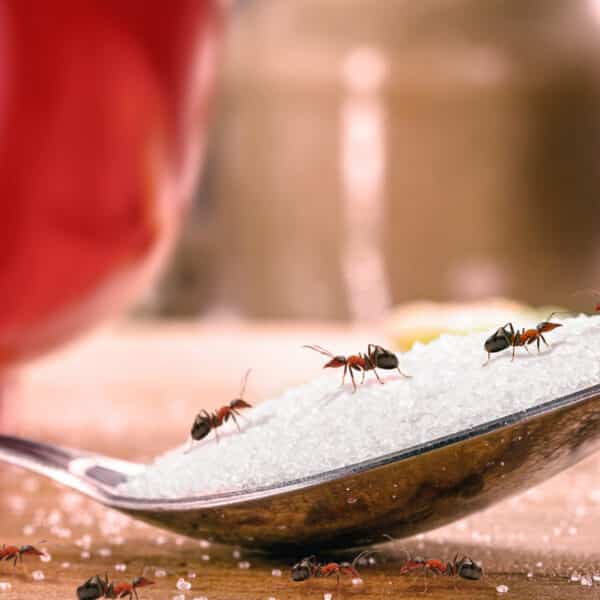 Several ants crawl on a spoonful of sugar, with more ants and a red container in the background, indicating an ant invasion.