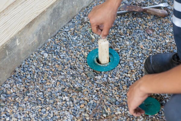 A person inserts a wooden stick into a green plastic ground cover on gravel near a building’s foundation, with tools and a shoe nearby.