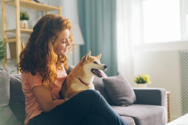 A woman with curly red hair sits on a gray sofa, smiling and holding a Shiba Inu in her lap. Bright, cozy room with plants.