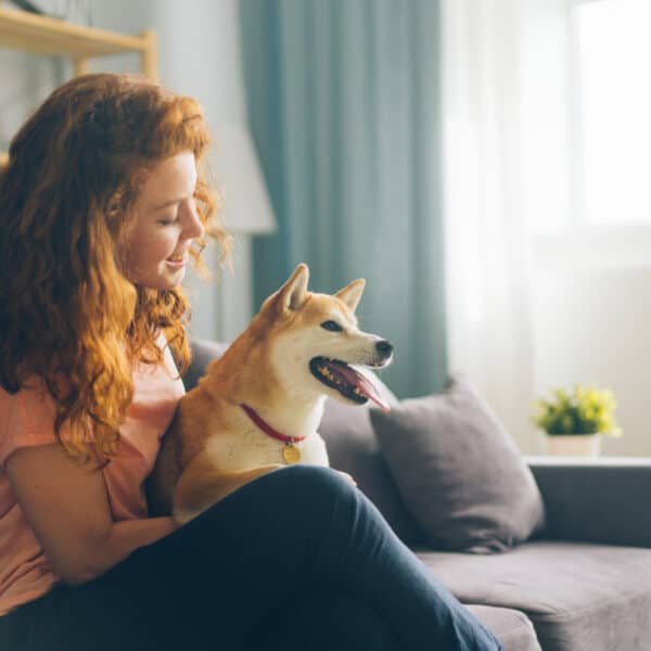 A woman with curly red hair sits on a gray sofa, smiling and holding a Shiba Inu in her lap. Bright, cozy room with plants.