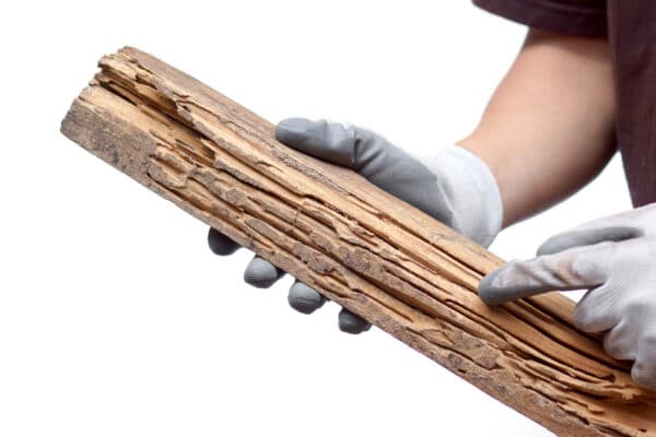 A person in white and gray gloves holds and points at a termite-infested, damaged wooden plank with a white background.