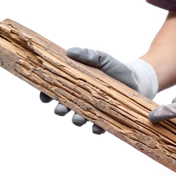 A person in white and gray gloves holds and points at a termite-infested, damaged wooden plank with a white background.