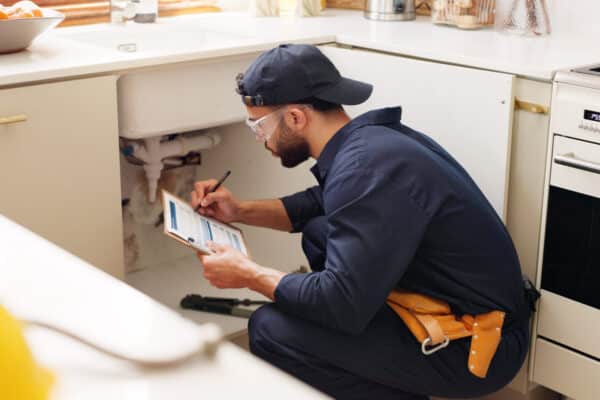 A plumber in safety glasses and a cap kneels at an open kitchen sink, checks pipes, writes notes, with tools, a stove, and fruit bowl nearby.