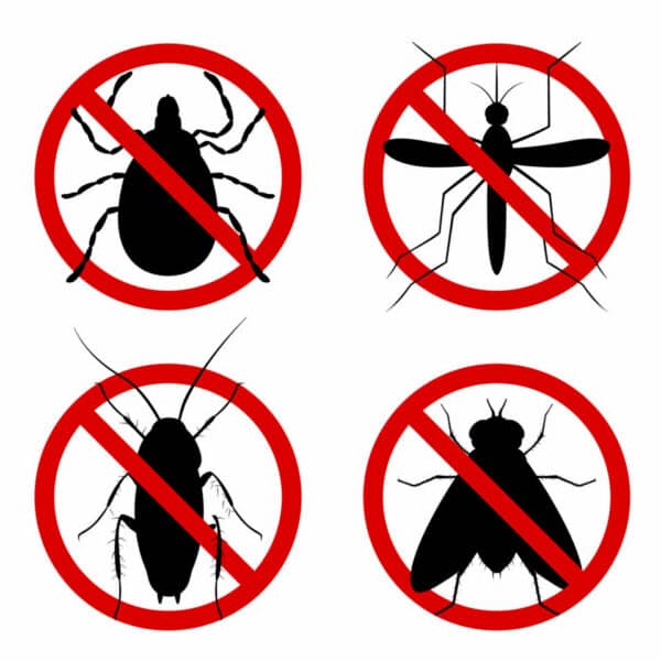 Silhouettes of an ant, tick, mosquito, bedbug, termite, cockroach, fly, and rat behind red prohibition signs for pest control.