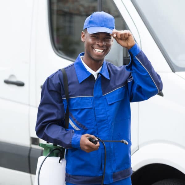 Smiling pest control worker in blue uniform and cap stands by a white van, holding equipment and touching the brim of his cap.