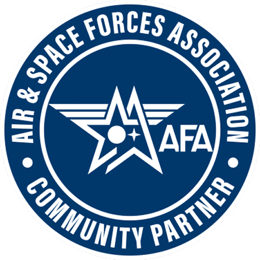 Blue and white circular logo with text Air & Space Forces Association Community Partner, star with stylized wings and AFA in center.