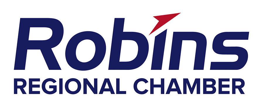 Logo for Robins Regional Chamber. The word Robins is in large blue letters with a red stylized arrow forming part of the letter i. Regional Chamber appears below in smaller blue text.