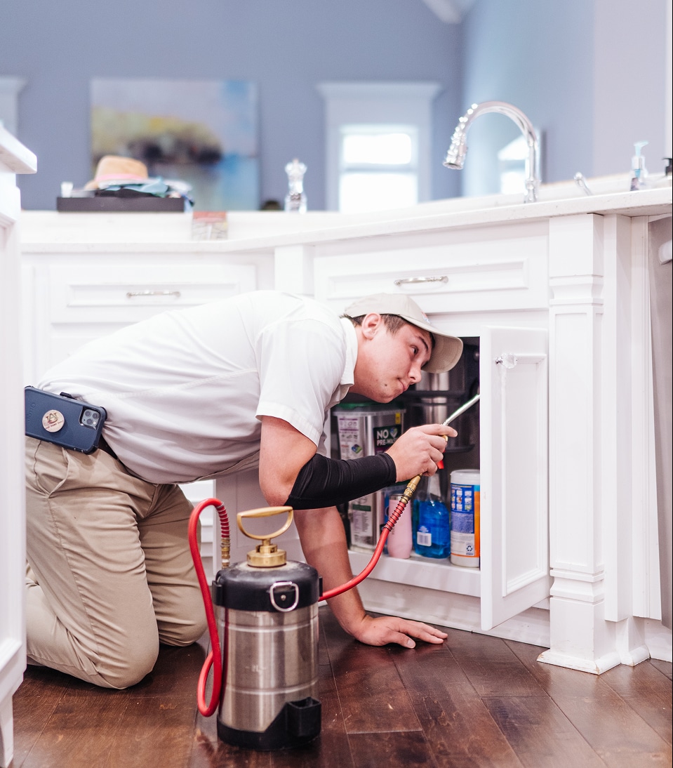 Pest control worker in uniform kneels on kitchen floor, checks under sink, and sprays pesticide from hose attached to a canister.