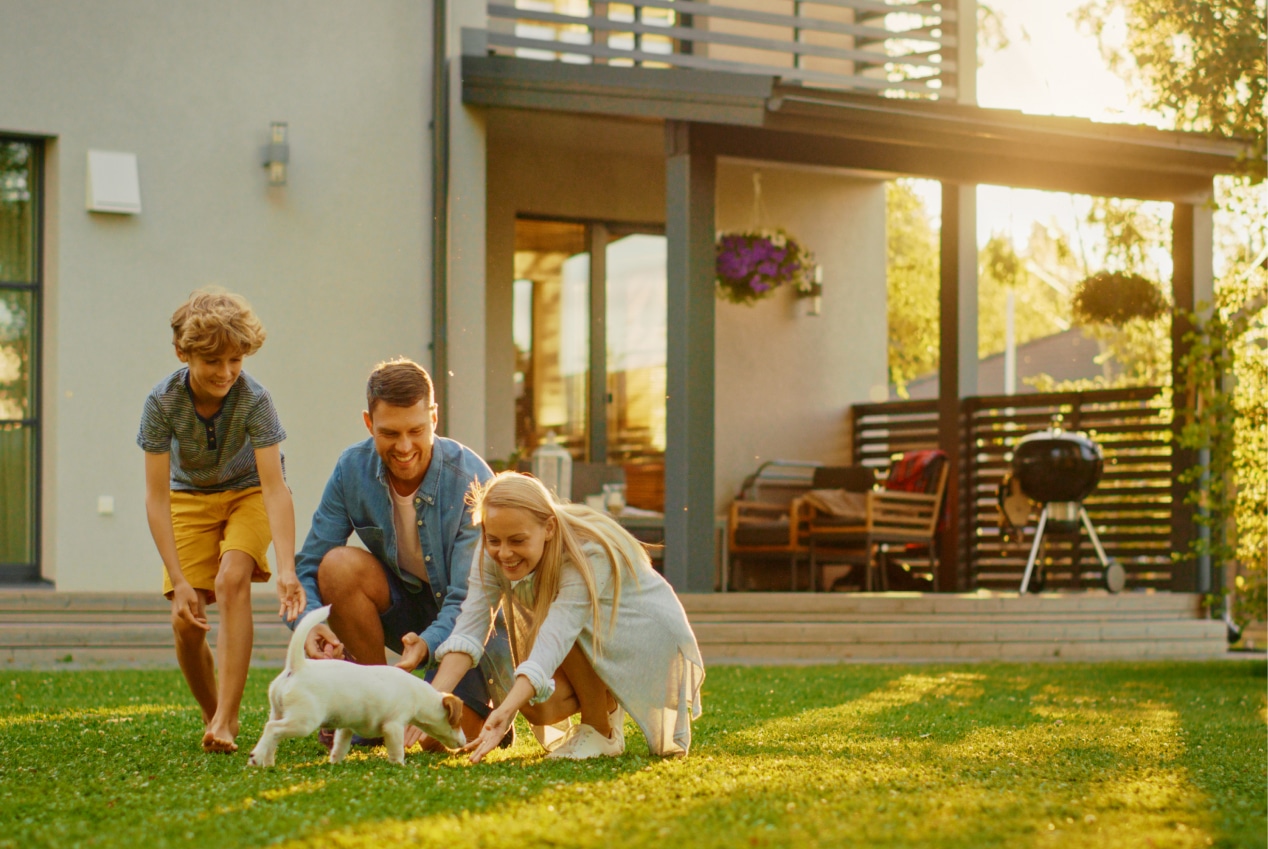 A family of three, two adults and a child, plays with a small white puppy on backyard grass with a modern house in the background.