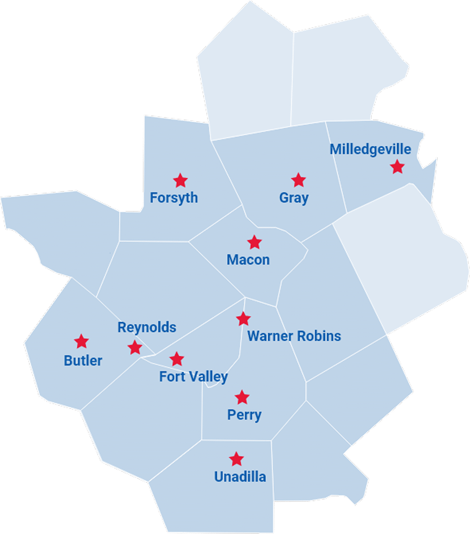 A map of central Georgia highlights Forsyth, Gray, Milledgeville, Macon, Warner Robins, Perry, Unadilla, Fort Valley, Butler, and Reynolds with red stars.
