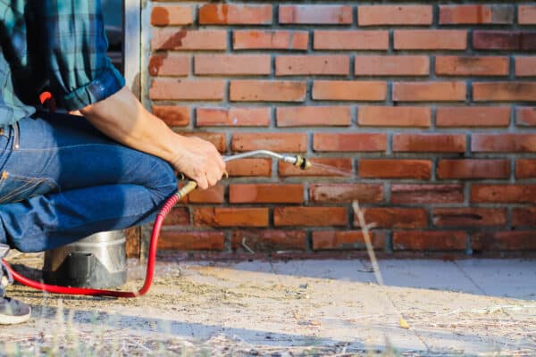 A person kneels, using a spray wand to apply liquid at the base of a brick wall, wearing jeans and a plaid shirt.