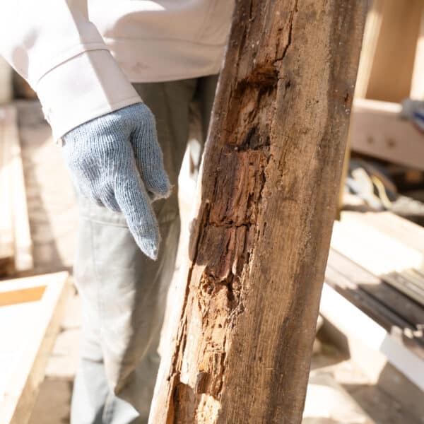 A person in a blue work glove points at severe damage and rot on a wooden beam, likely from termites, at a repair site.